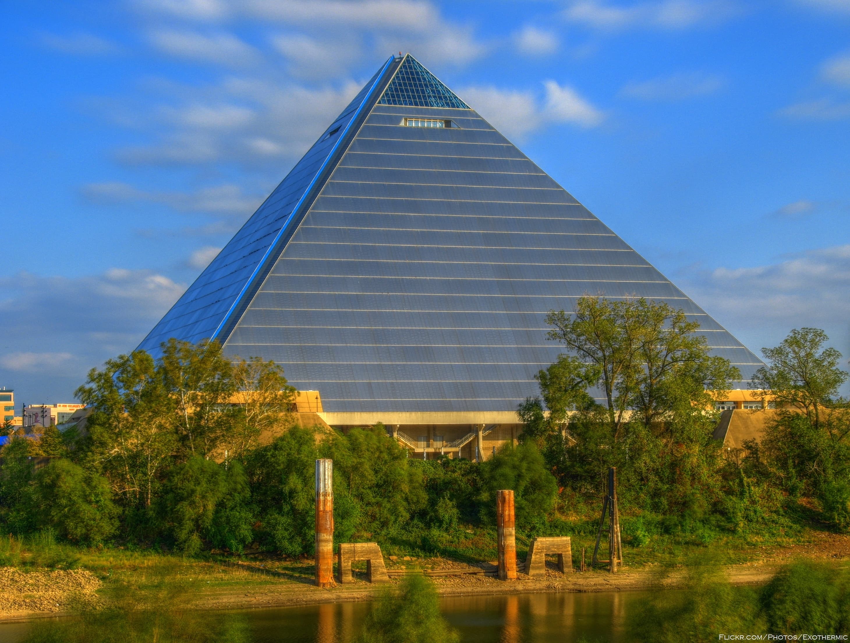 The Memphis Pyramid and downtown skyline along the Mississippi River